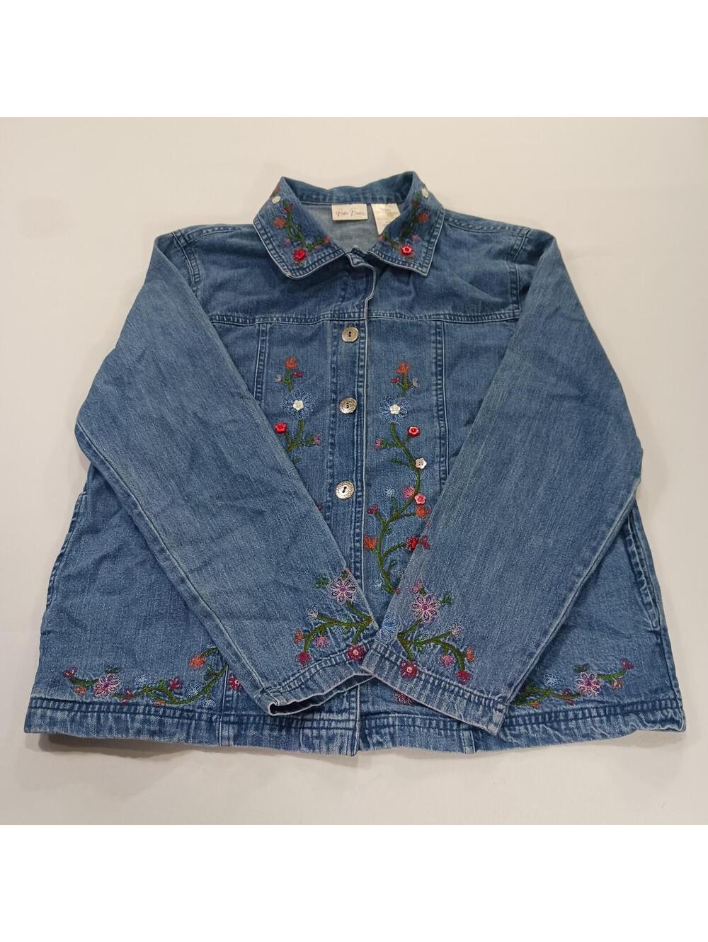 Bobbie Brooks BB3S112 Womens M Blue Embroidered Floral Button Front Denim Jacket